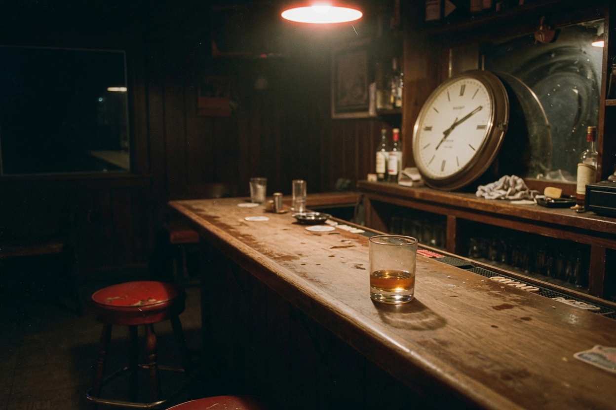 A wooden bar near closing. One stool, one glass of whiskey, a clock on the wall.
